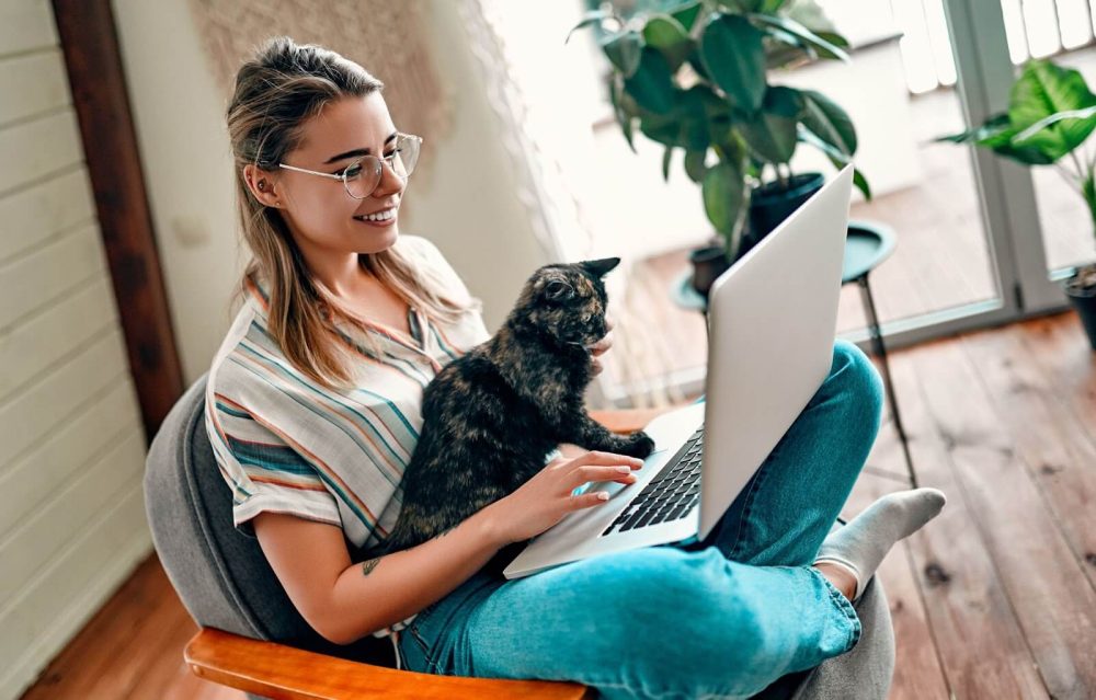 Woman with laptop sitting in chair in living room with cat on lap